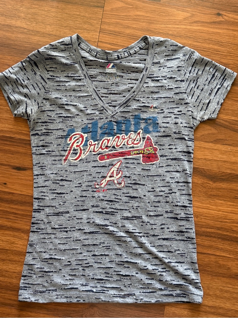 Majestic Atlanta Braves Gray V-Neck Tee with Blue and Red Logo